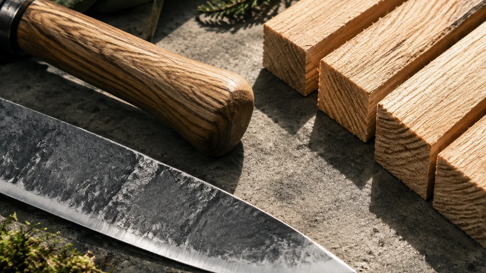 Materialstudie mit warm angestrahltem Holz und Stahl