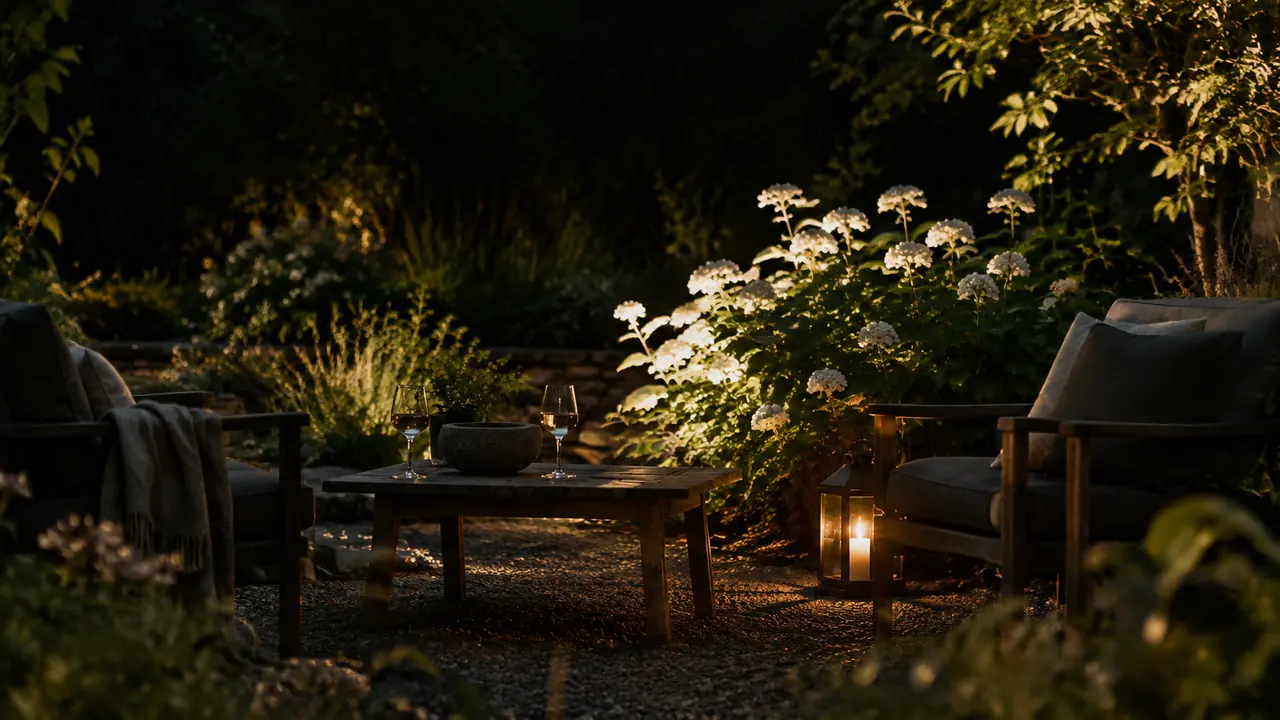 Sitzplatz im Garten bei Nacht mit warmem Licht und Gläsern